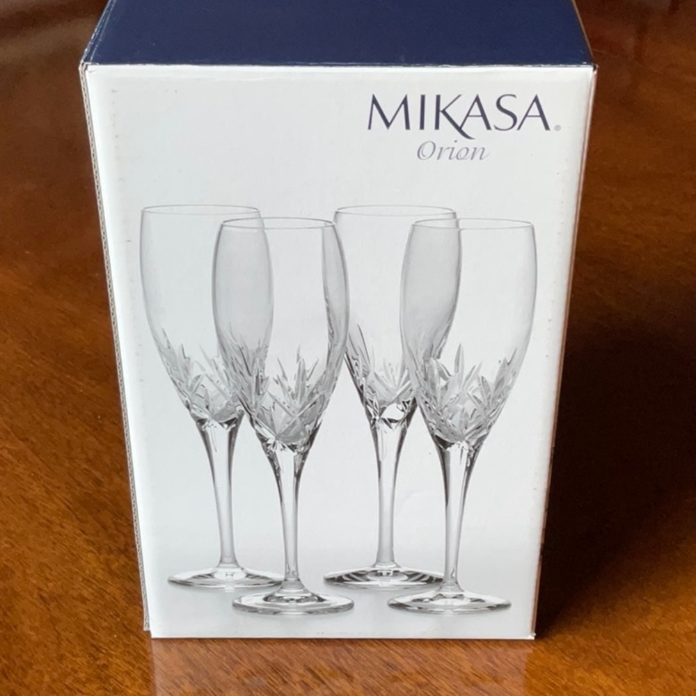 MIKASA Set of 4 Orion Crystal Champagne Flutes NEW IN BOX